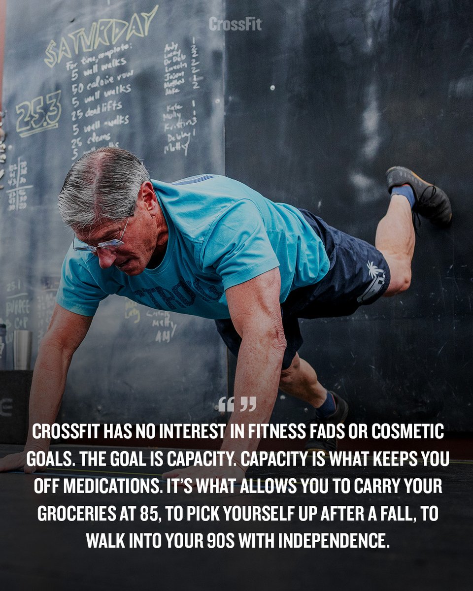 CrossFit's tweet photo. Fitness is increased work capacity across broad time and modal domains. This isn’t marketing fluff. It’s a quantifiable metric. And that matters, because what we measure, we manage.

The CrossFit Level 1 Training Guide, the cornerstone of the methodology, is clear: health is best assessed by measuring fitness over time [8]. If you are moving more weight, over varied durations, with greater speed and efficiency, you are getting fitter. And if you’re getting fitter, you’re becoming more resilient — physically, metabolically, and neurologically. Fitness is not done in a day’s work. It’s a journey that takes commitment, built on hard work and accepting that there are no shortcuts. CrossFit has no interest in fitness fads or cosmetic goals. The goal is capacity. Capacity is what keeps you off medications. It’s what allows you to carry your groceries at 85, to pick yourself up after a fall, to walk into your 90s with independence.

This isn’t abstract.

This is preventative medicine. You can see it on the whiteboard.

#CrossFit #CrossFitIsTheCure