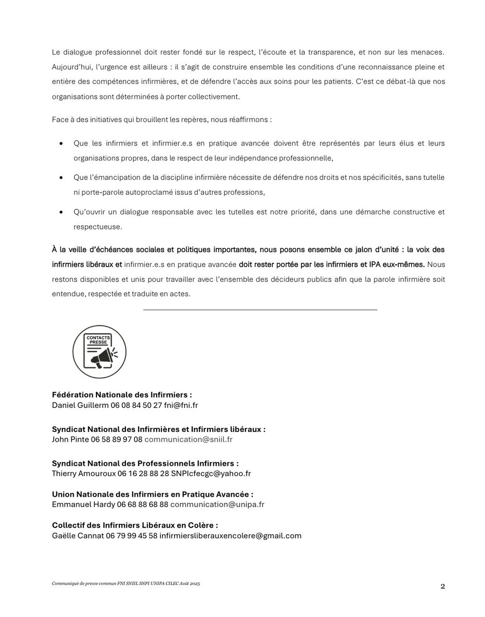 Infirmiers Libéraux en Colère (@idelencolere) on Twitter photo 📢 La voix des infirmières doit rester aux infirmières.
Pas de porte-parole autoproclamé non infirmier.
Nos organisations réaffirment : respect, unité et légitimité professionnelle.
#Infirmières #Représentation #Unité
<a href="/FNIofficiel/">Fédération Nationale des Infirmiers</a> <a href="/Sniil1/">Sniil</a> <a href="/Syndicat_UNIPA/">UNIPA</a> <a href="/infirmierSNPI/">SNPI syndicat infirmier</a> 📢 La voix des infirmières doit rester aux infirmières.
Pas de porte-parole autoproclamé non infirmier.
Nos organisations réaffirment : respect, unité et légitimité professionnelle.
#Infirmières #Représentation #Unité
<a href="/FNIofficiel/">Fédération Nationale des Infirmiers</a> <a href="/Sniil1/">Sniil</a> <a href="/Syndicat_UNIPA/">UNIPA</a> <a href="/infirmierSNPI/">SNPI syndicat infirmier</a>