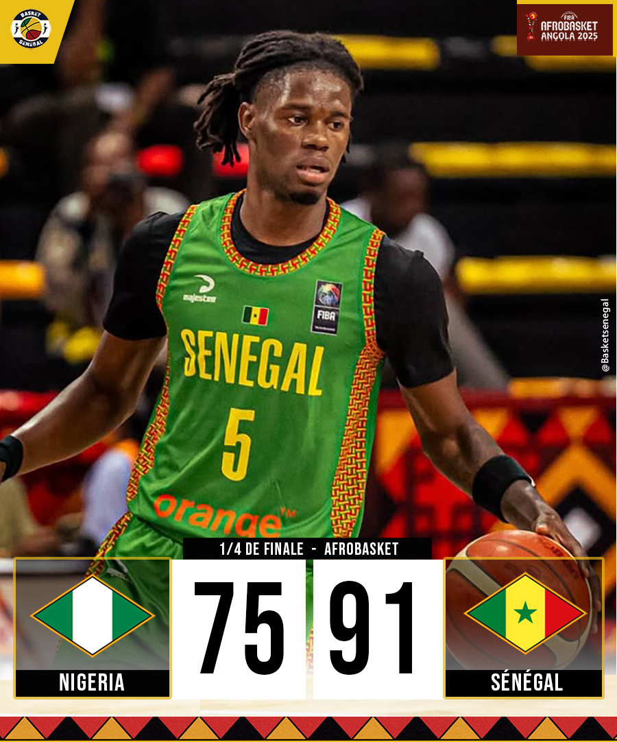 #AfroBasket - 1/4 de Finale🏆
Fin temps : Les Lions🇸🇳 passent sur les D'Tigers🇳🇬 et s'ouvrent les portes des demi-finales de l'Afrobasket 2025 🤠🏀

#basketsenegal #AfroBasket2025