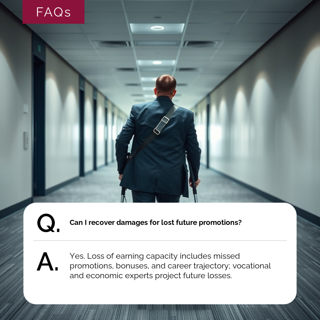 People often ask: Can I recover damages for lost future promotions?. Here's the Answer: Yes. Loss of earning capacity includes missed promotions, bonuses, and career trajectory; vocational and economic experts project future losses.