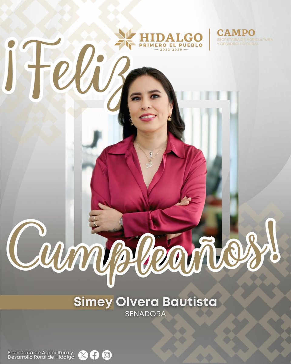 Agricultura Hidalgo (@agriculturahgo) on Twitter photo Nos complace en extender sinceras felicitaciones a la Senadora <a href="/ssimey/">Simey Olvera</a> con motivo de su cumpleaños. 🎉
En este día tan especial, le enviamos un cálido abrazo 🤗 y nuestros mejores deseos de salud, éxito y felicidad.
¡Que este nuevo año esté lleno de logros y satisfacciones! Nos complace en extender sinceras felicitaciones a la Senadora <a href="/ssimey/">Simey Olvera</a> con motivo de su cumpleaños. 🎉
En este día tan especial, le enviamos un cálido abrazo 🤗 y nuestros mejores deseos de salud, éxito y felicidad.
¡Que este nuevo año esté lleno de logros y satisfacciones!