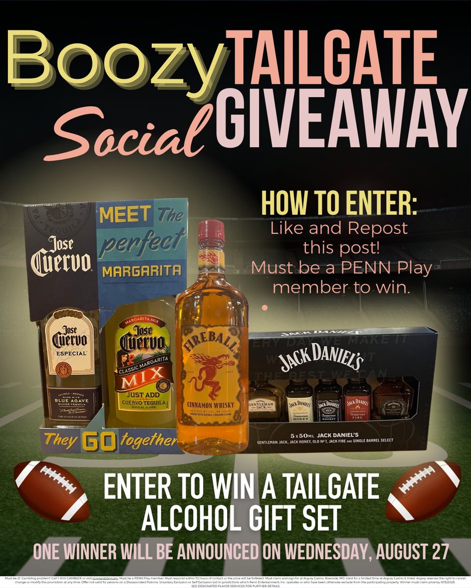 ArgosyKC's tweet photo. 𝗕𝗼𝗼𝘇𝘆 𝗧𝗮𝗶𝗹𝗴𝗮𝘁𝗲 𝗦𝗼𝗰𝗶𝗮𝗹 𝗚𝗶𝘃𝗲𝗮𝘄𝗮𝘆!  Like &amp; Repost this post to enter for a chance to win a Jose Cuervo Gift Set, Jack Daniels Gift Set and a bottle of Fireball Cinnamon Whiskey. 🥃 🏈  

One winner will be announced on Wednesday, August 27. Good luck! https://t.co/99VuPDTUwe