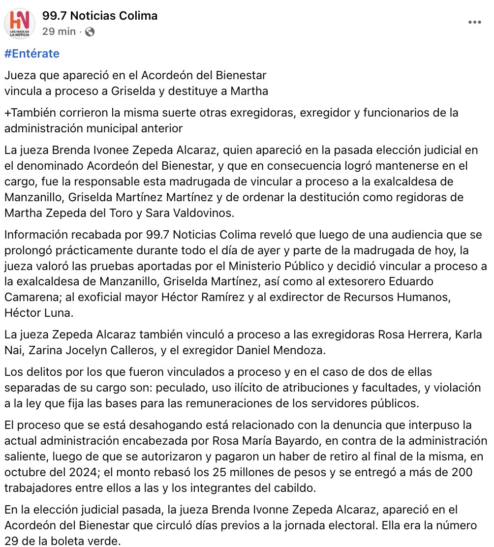 OscarAdrianL's tweet photo. ES "JUEZA DEL BIENESTAR" QUIEN VINCULÓ A PROCESO A EMECISTAS

La jueza Brenda Ivonne Zepeda Alcaraz, responsable de vincular a proceso a Griselda Martínez y Martha Zepeda del Toro, es una de las candidatas que apareció en los acordeones repartidos por Morena para influir en la elección judicial del pasado 1 de junio, reveló 99.7 Noticias Colima.