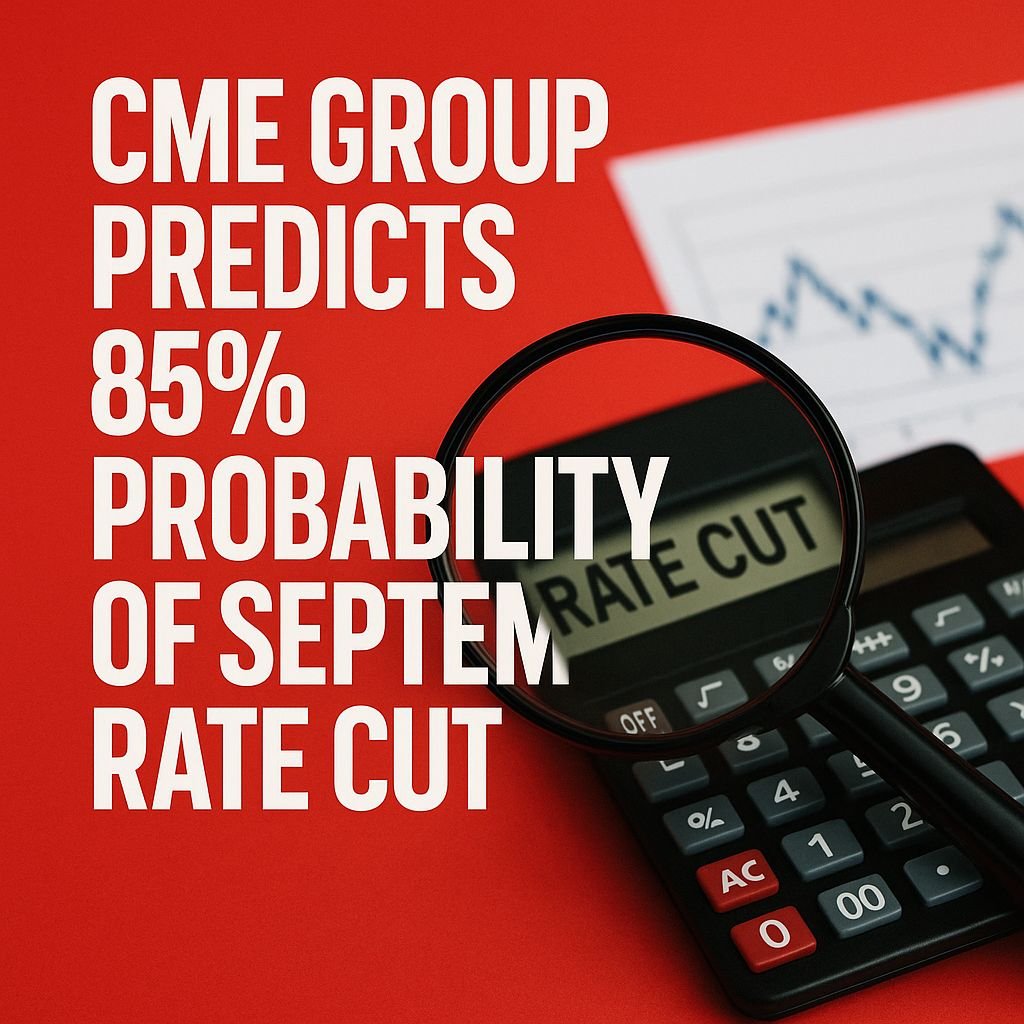 CME GROUP PREDICTS 85% PROBABILITY OF SEPTEMBER RATE CUT CME Group data  indicates markets are pricing in an 85% chance of a Federal Reserve interest  rate cut in September. Investors are closely