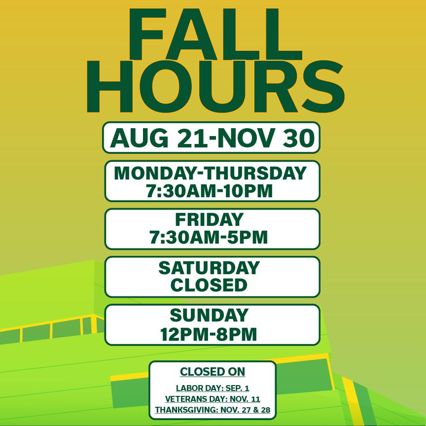 cpplibrary's tweet image. Hello Broncos, starting tomorrow the University Library moves to Fall Semester Hours. The library is open from 7:30am to 10pm Mon to Thur, 7:30am to 5pm Fri, Closed Sat, and 12pm to 8pm Sunday. For updated operating hours: cpp.libcal.com/hours/