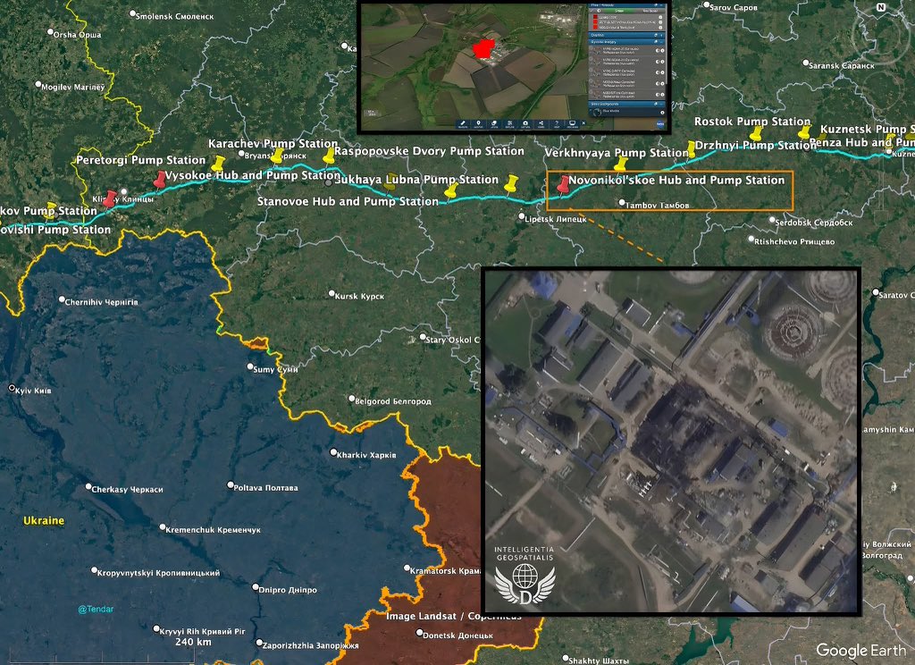 🇷🇺 NASA FIRMS confirmed that the hub and pumpstation in Novonikolske, Tambov region, in Russia was burning. Satellite pictures show that large parts of the facility are completely destroyed.