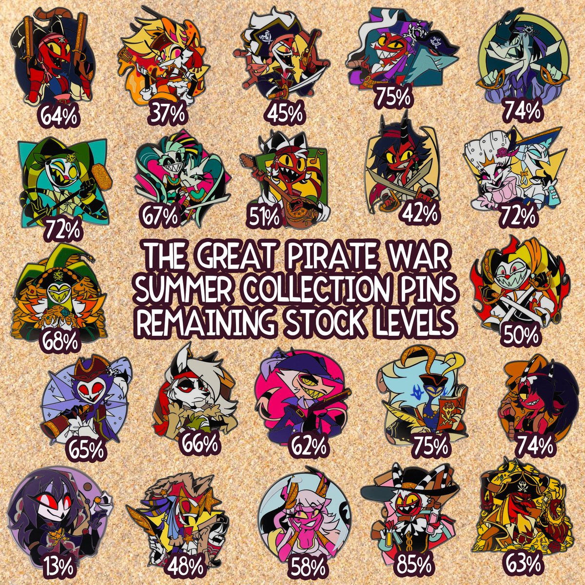 Shiver me timbers, these pirate pins be flying off the shelves! Grab yer pails and shovels and scoop up yer favorites before they disappear into the sea! sharkrobot.com/vivziepop