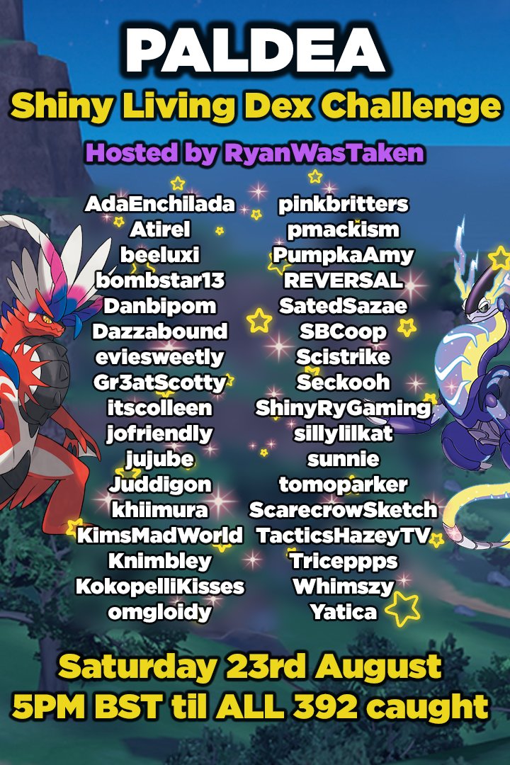 This Saturday, at 5PM BST we're going to be attempting to catch EVERY shiny Pokemon in Scarlet/Violet base game as fast as possible! We've got a lot of incredible shiny hunters taking part, how fast do you think we can do it?!