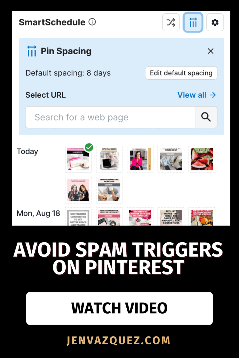 Tailwind (@tailwindapp) on Twitter photo Tired of dragging Pins around to space them out? 😩
Our new Pin Spacing Tool keeps your schedule clean, saves time, and helps you stay off Pinterest's spam radar. 📌✨Check out <a href="/jenvazquezcoach/">Jen Vazquez Media</a> walkthrough + tips 👉 jenvazquez.com/tailwind-pin-s…
#PinterestMarketing #TailwindApp Tired of dragging Pins around to space them out? 😩
Our new Pin Spacing Tool keeps your schedule clean, saves time, and helps you stay off Pinterest's spam radar. 📌✨Check out <a href="/jenvazquezcoach/">Jen Vazquez Media</a> walkthrough + tips 👉 jenvazquez.com/tailwind-pin-s…
#PinterestMarketing #TailwindApp