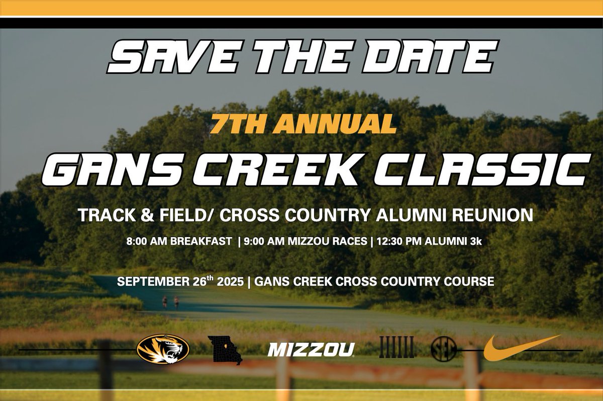 Mizzou Track & Field (@mizzoutfxc) on Twitter photo ๐ฃ๏ธ Calling all alumni ๐ฃ๏ธ
Mizzou XC hosts the 2025 alumni reunion at the Gans Creek Classic on Friday, Sept. 26! Breakfast is provided with a 3k race open to all Mizzou alumni at 12:30 p.m. following the collegiate races.
More info: Paige Duca (paigeduca@missouri.edu)
#MIZ๐ฏ ๐ฃ๏ธ Calling all alumni ๐ฃ๏ธ
Mizzou XC hosts the 2025 alumni reunion at the Gans Creek Classic on Friday, Sept. 26! Breakfast is provided with a 3k race open to all Mizzou alumni at 12:30 p.m. following the collegiate races.
More info: Paige Duca (paigeduca@missouri.edu)
#MIZ๐ฏ