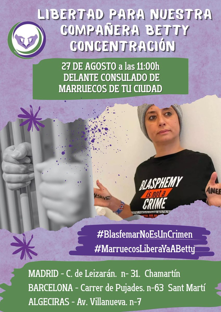 El 27 de agosto el mundo entero escuchará la voz de las #mujeres. Queremos a nuestra compañera <a href="/IbtissameBetty/">I. Betty Lachgar ♀️🔥</a> LIBRE DE MANERA INMEDIATA.
#blasfemarNoEsDelito
#SiTocanAUnaNosTocanATodas
#HastaLiberarte
#SoloLasMujeresSalvaráALasMujeres
#FreeBetty