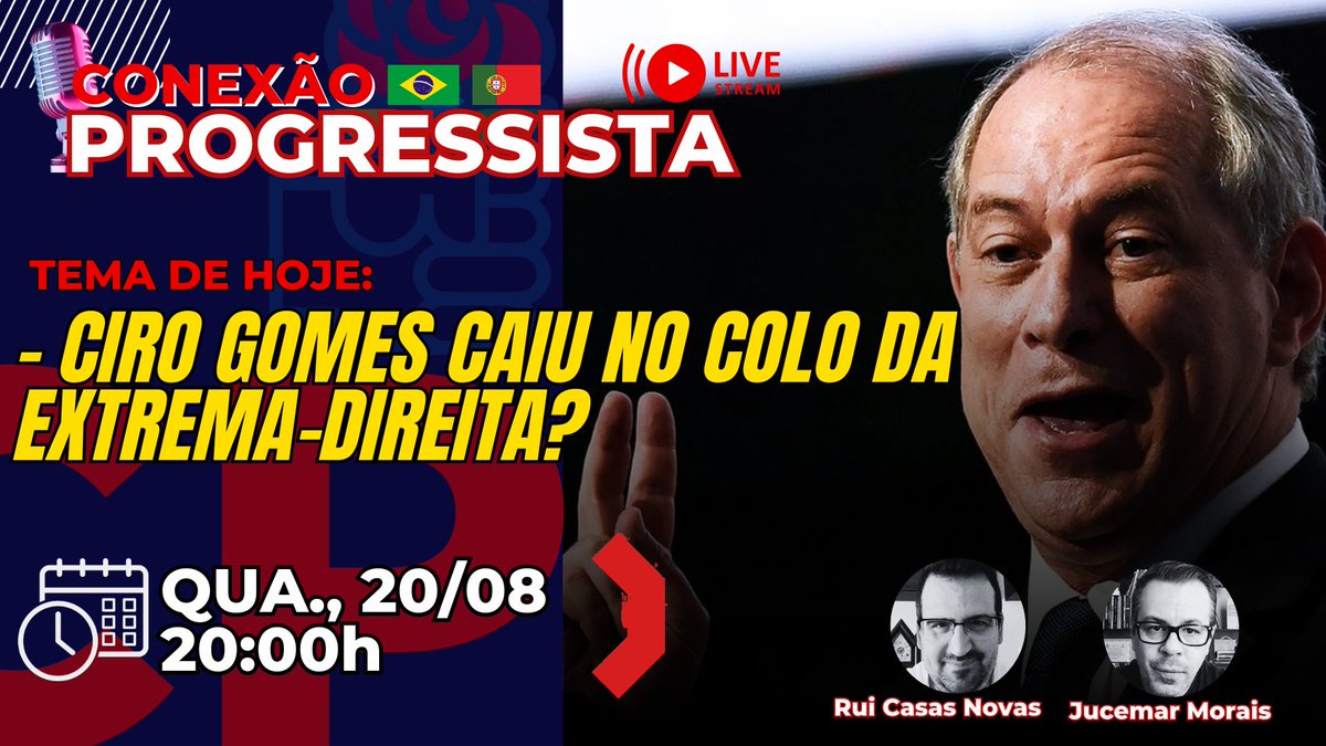 Bora de LIVE hoje, em plena quarta?!?

São muitos acontecimentos recentes e estes vão de novidades sobre o futuro de Ciro às reações de detratores, "petelegos" lulopetistas, blogs, etc.

Participem conosco, ao VIVO, a partir das 20:00 horas no nosso Canal Conexão Progressista!