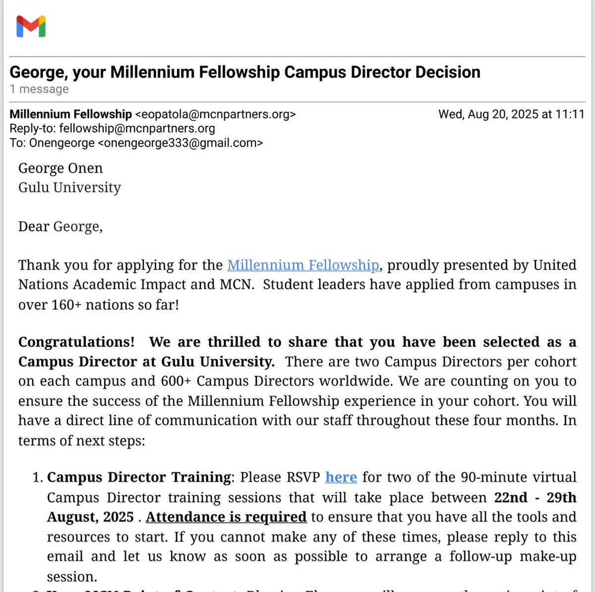 Onengeorginho's tweet photo. I am honored to have been selected as a Millennium Fellowship Campus Director for Gulu University under the United Nations Academic Impact and MCN.
I look forward to working with young leaders globally to drive positive impact in our community.
#MillenniumFellowship
@GuluVarsity https://t.co/8h2P6ytgb6