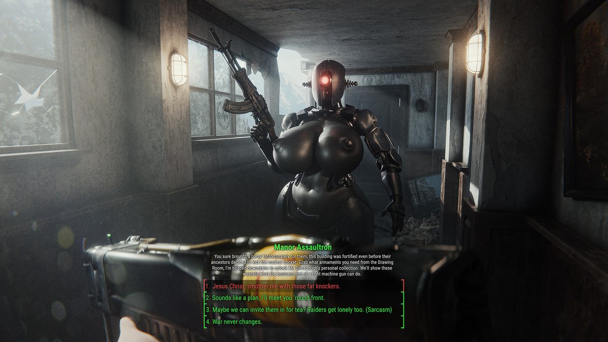 LlestrRhyw's tweet photo. The Manor Assaultron ⚙️☢️

You stumble across a strange robot guarding a manor. Unfortunately, you've been followed by Raiders... But she doesn't seem concerned!

Textless versions on Rhywtreon! https://t.co/BG46gX41jA