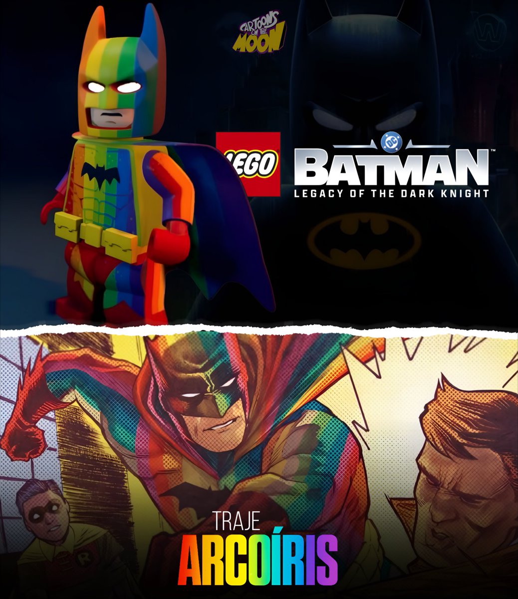 CartoonsOTMoon's tweet photo. El traje arcoíris de Batman regresará en el nuevo juego de LEGO Batman:

En los cómics, lo usó para desviar la atención de los criminales del brazo lesionado de Robin, quien se lo hirió como civil al salvar a una niña. https://t.co/Nwwx1X2D76