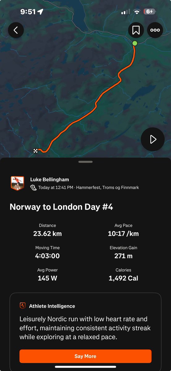 Norway to London Day #4
23.62km

It’s not as bad as it seems I promise! 
After the hip and foot issue yesterday I thought I would take it easy as we are already ahead of schedule with all the tunnel dodging we’ve been doing.
Although it still wasn’t the smoothest of days 🫡