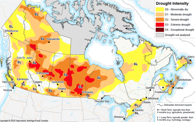 Canada's exceptional drought:

71% of the country either abnormally dry or under drought conditions at the end of July

Including 71% of the agricultural landscape

“It’s a coast-to-coast-to-coast drought. So that’s quite exceptional”