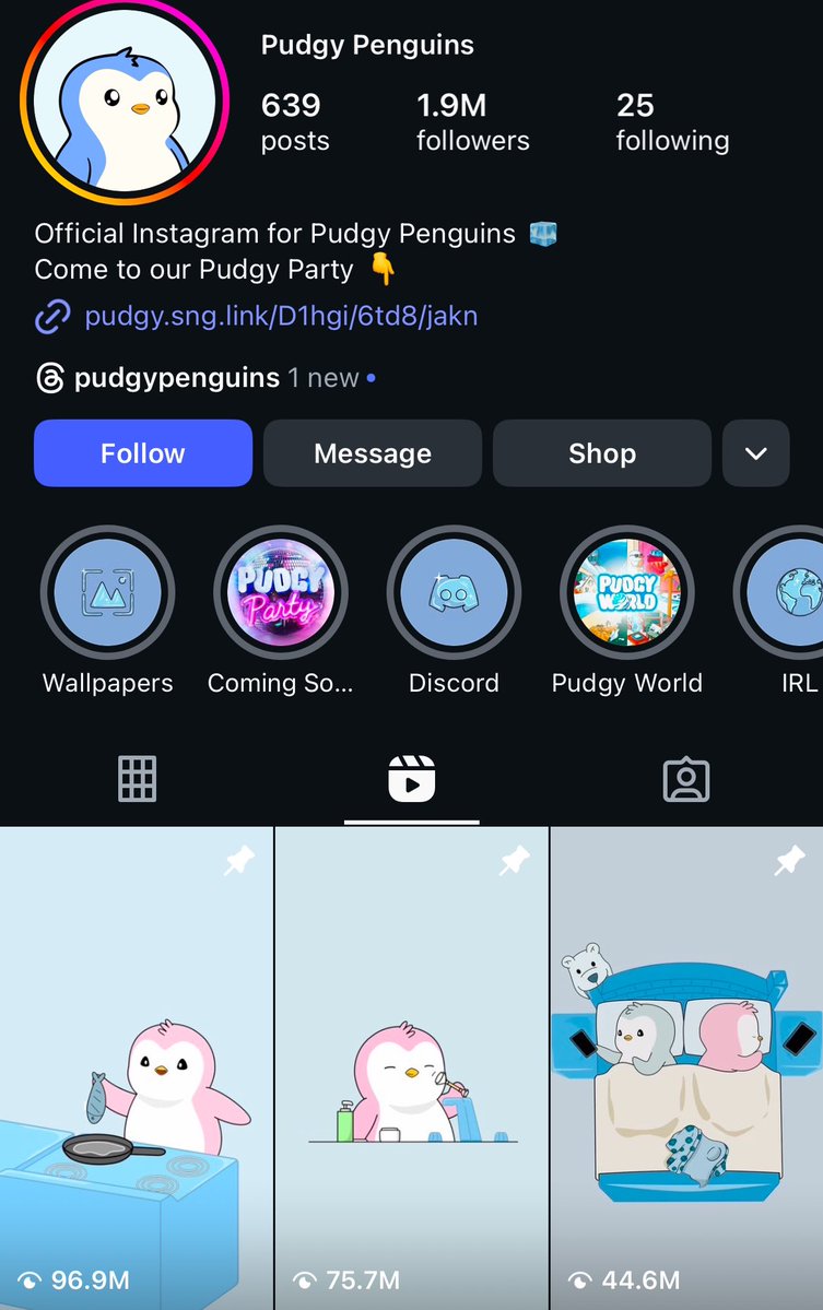 0xDouble (@0xdoubll) on Twitter photo My girlfriend sent <a href="/pudgypenguins/">Pudgy Penguins</a> relationship reels on instagram
And I was fkn shocked to see 1.9M followers on a web2 platform that too with hundreds of millions of views
$PENGU might be one of the best plays ever given how retail oriented it is
NFA My girlfriend sent <a href="/pudgypenguins/">Pudgy Penguins</a> relationship reels on instagram
And I was fkn shocked to see 1.9M followers on a web2 platform that too with hundreds of millions of views
$PENGU might be one of the best plays ever given how retail oriented it is
NFA