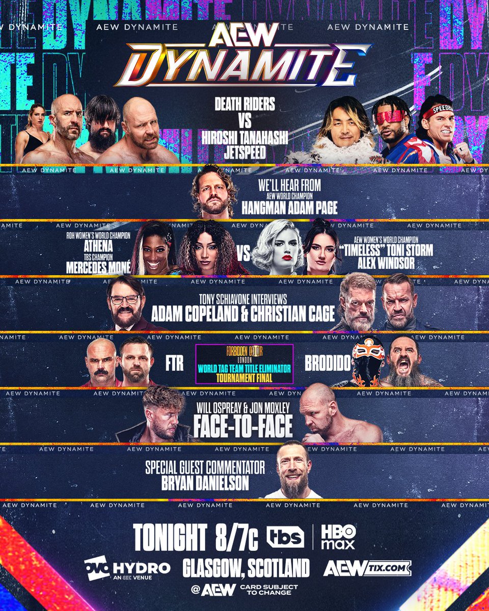 📢 PREVIEW | #AEWDynamite

🔸Death Riders 🆚 Jetspeed &amp; Hiroshi Tanahashi
🔸Promo du champion AEW Adam Page
🔸Mercedes Moné &amp; Athena 🆚 Toni Storm &amp; Alex Windsor
🔸Interview de Tony Schiavone avec Adam Copeland et Christian Cage
🔸Final du tournoi World tag team Eliminator : FTR