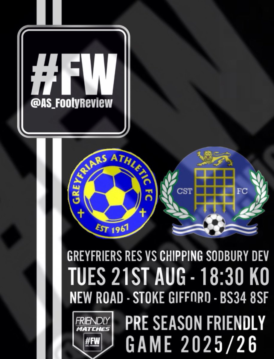 AS_FootyReview's tweet photo. THURSDAY NIGHT MATCHDAY….🙌🏼⚽️
Game 29 of the season for #FW will see me take in @greyfriarsafc Res who face @TSods Development…. Two clubs that both support #FW and #CFCF so a prefect game to head along and show my support, see you tomorrow night guys… #FW https://t.co/7k9DmRtwJ6