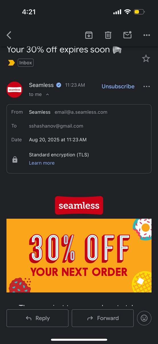 Piper_789's tweet photo. @Seamless_Care @Seamless The email says it will be automatically added to check out. Yet it doesn’t go through. https://t.co/GQQPXYZcJ7