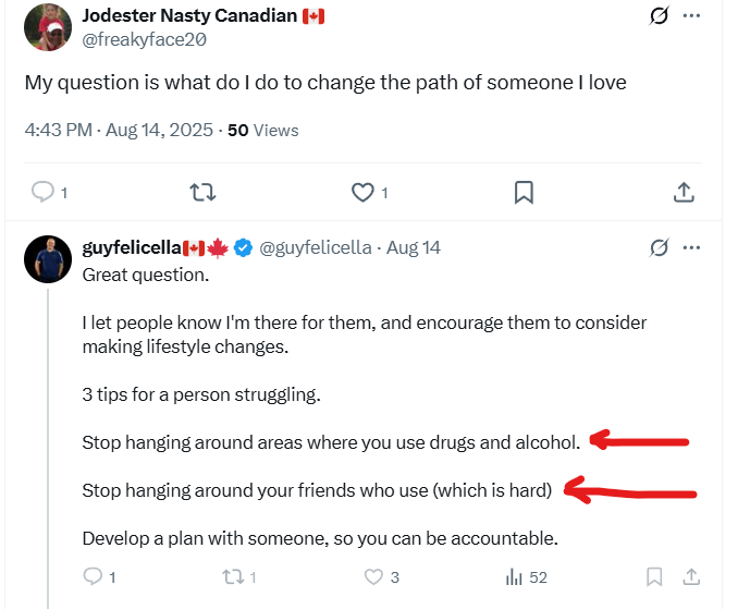 Yo <a href="/mayorkrog/">Leonard Krog</a>. I see you've gotten the attention of Guy Felicella.

Here's advice he gave to someone a few days where HE HIMSELF said people who want to recover need to stop hanging around friends/areas where there are drugs and alcohol. Keep fighting.

x.com/guyfelicella/s…