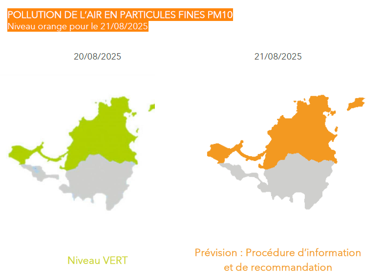 GWADAIR971's tweet photo. [#picdepollution lié aux brumes de sable]  
Gwad’Air prévoit pour demain 21/08/25 le dépassement du seuil sanitaire de 50µg/m3 sur 24h à Saint_Martin. 
🟠La procédure d’information et recommandation est prévue. https://t.co/JRJI31Ej4F