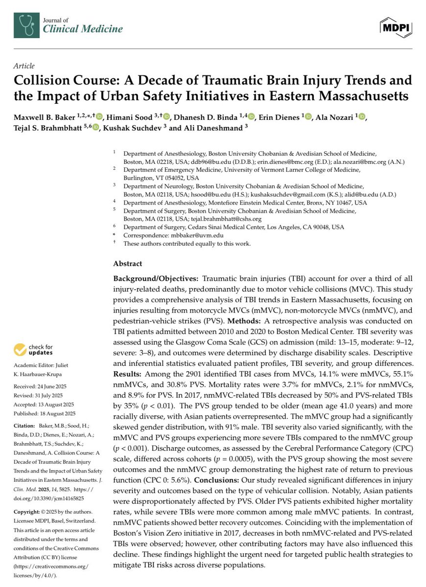 Our new <a href="/JCM_MDPI/">JCM MDPI</a> TBI study showed pedestrian strikes had the highest mortality, motorcycle crashes mostly affected young men, and non-motorcycle crashes had better recovery. Following Boston’s Vision Zero program, nmMVC- and PVS-related TBIs declined.
mdpi.com/2077-0383/14/1…