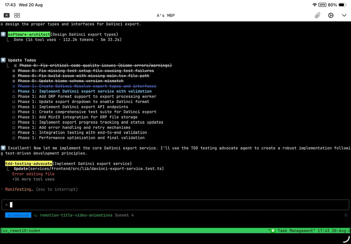 codeandrewford's tweet image. This has been how I "get away" from the computer 😉
I've got a couple of agents to help me. You can see in the screenshot I have a "software-architect" and a "tdd-testing-advocate" helping me out. 
My Claude Code setup here:
github.com/andrewjamesfor…