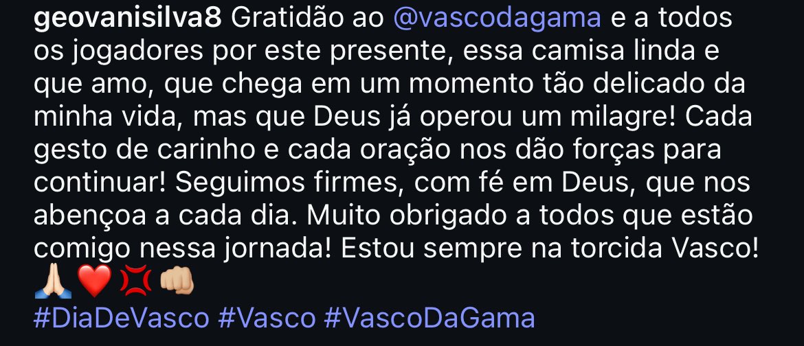 ❤️💢 O Vasco presenteou o ídolo Geovani, que vive um momento delicado, ainda recuperando sua saúde após alta hospitalar com uma camisa personalizada e autografada pelo elenco além de uma carta de apoio dizendo que o craque não está sozinho nessa luta. 

De arrepiar 🥹