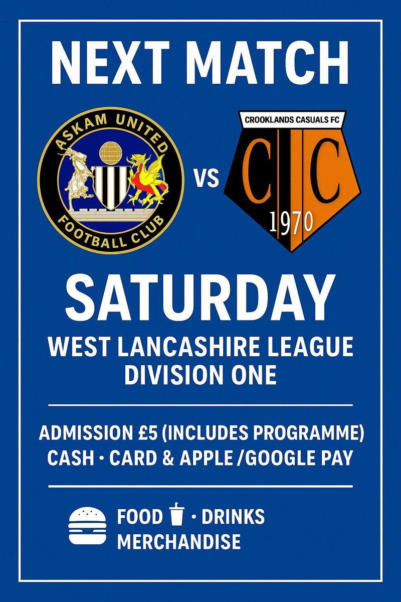 Big day for Askam United FC this Saturday! 

We host <a href="/crooklandsfc/">Crooklands Casuals FC</a> with 300+ supporters expected. 

🎟 £5 incl. programme. Catering, drinks &amp; merch on sale.

Disruption to Duddon Rd expected - Please plan ahead.
