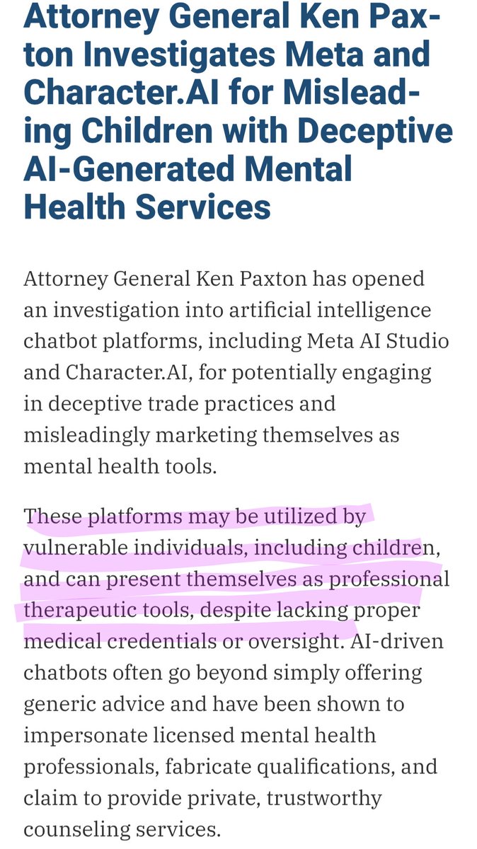 🚨 BREAKING: Texas announces a major investigation against Meta and CharacterAI focused on the harm their AI chatbots can cause to vulnerable groups. After so many of us raised concerns, oversight is FINALLY happening:

According to the official release:

"While AI chatbots