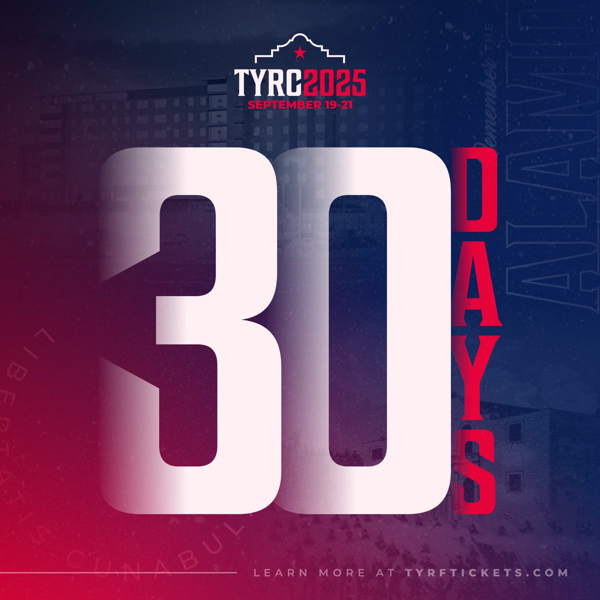 🚨 ONLY 30 DAYS

We are ONE MONTH away from the biggest Young Republican event in the Lone Star State!

Don’t miss out 👉 Claim your spot at tyrftickets.com NOW!