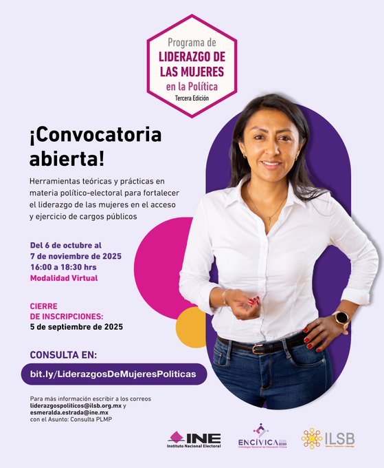 En la 3a Edición del Programa de Liderazgo de las Mujeres en la Política INE México y el ILSB invitamos a las mujeres a fortalecer su liderazgo y obtener herramientas que promuevan su participación cívica y política. La participación de las mujeres en toda su diversidad.