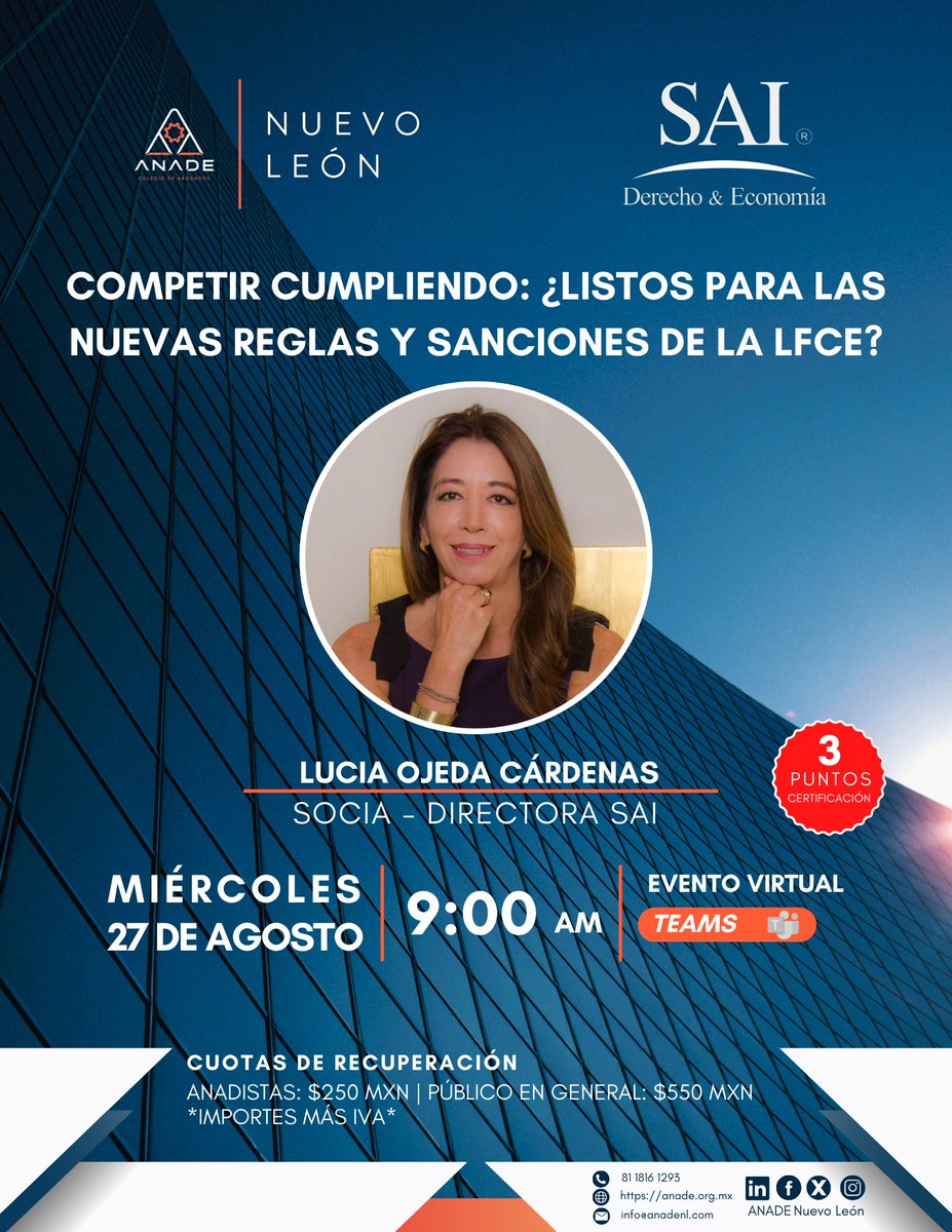 ⏳Faltan 8 días para nuestro evento: “Competir cumpliendo: ¿Listos para las nuevas reglas y sanciones de la LFCE?”

🗓 Miércoles 27 de agosto | 🕘 9:00 AM
💻 Evento virtual vía Teams

🔗 Registro: app.glueup.com/event/competir…