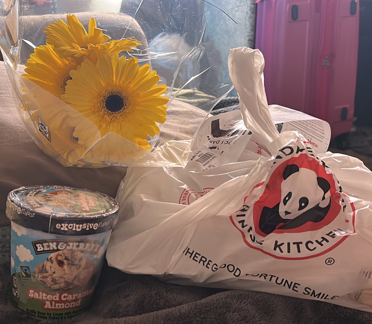 my bf is away for work but doordashed me panda, ice cream and flowers🥺🥺