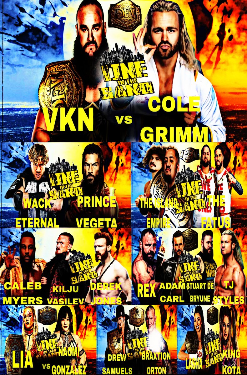 DEMON FIRE WRESTLING (@dfw_wrestling) on Twitter photo The OFFICIAL Full Match Card for Night ONE of DFW Line In The Sand This Friday.
Dont miss the match order reveal Tomorrow right here on X!
Night one is STACKED!
<a href="/VKN25118212/">VKN</a> <a href="/REXMUSTDIE_/">REX ⛧</a> <a href="/AdamCarl2005/">Adam Carl</a> <a href="/StuartDeBe_/">The ONE Stuart De Bryune</a> <a href="/TJ_STYLESS/">TJ STYLESS</a> The OFFICIAL Full Match Card for Night ONE of DFW Line In The Sand This Friday.
Dont miss the match order reveal Tomorrow right here on X!
Night one is STACKED!
<a href="/VKN25118212/">VKN</a> <a href="/REXMUSTDIE_/">REX ⛧</a> <a href="/AdamCarl2005/">Adam Carl</a> <a href="/StuartDeBe_/">The ONE Stuart De Bryune</a> <a href="/TJ_STYLESS/">TJ STYLESS</a>