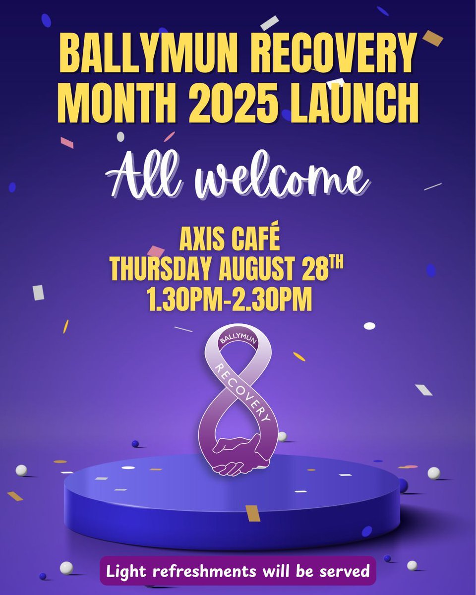 Please join us for the launch of Ballymun Recovery Month 2025! 

In Axis Café <a href="/1/">1</a>.30pm on Thursday August 28th 

#BallymunRecovery #Recovery Month