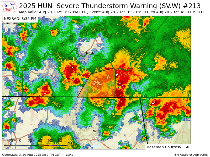 HUN issues Severe Thunderstorm Warning [wind: 60 MPH (RADAR INDICATED), hail: 0.88 IN (RADAR INDICATED)] for Franklin [TN] till 4:30 PM CDT mesonet.agron.iastate.edu/vtec/f/2025-O-…