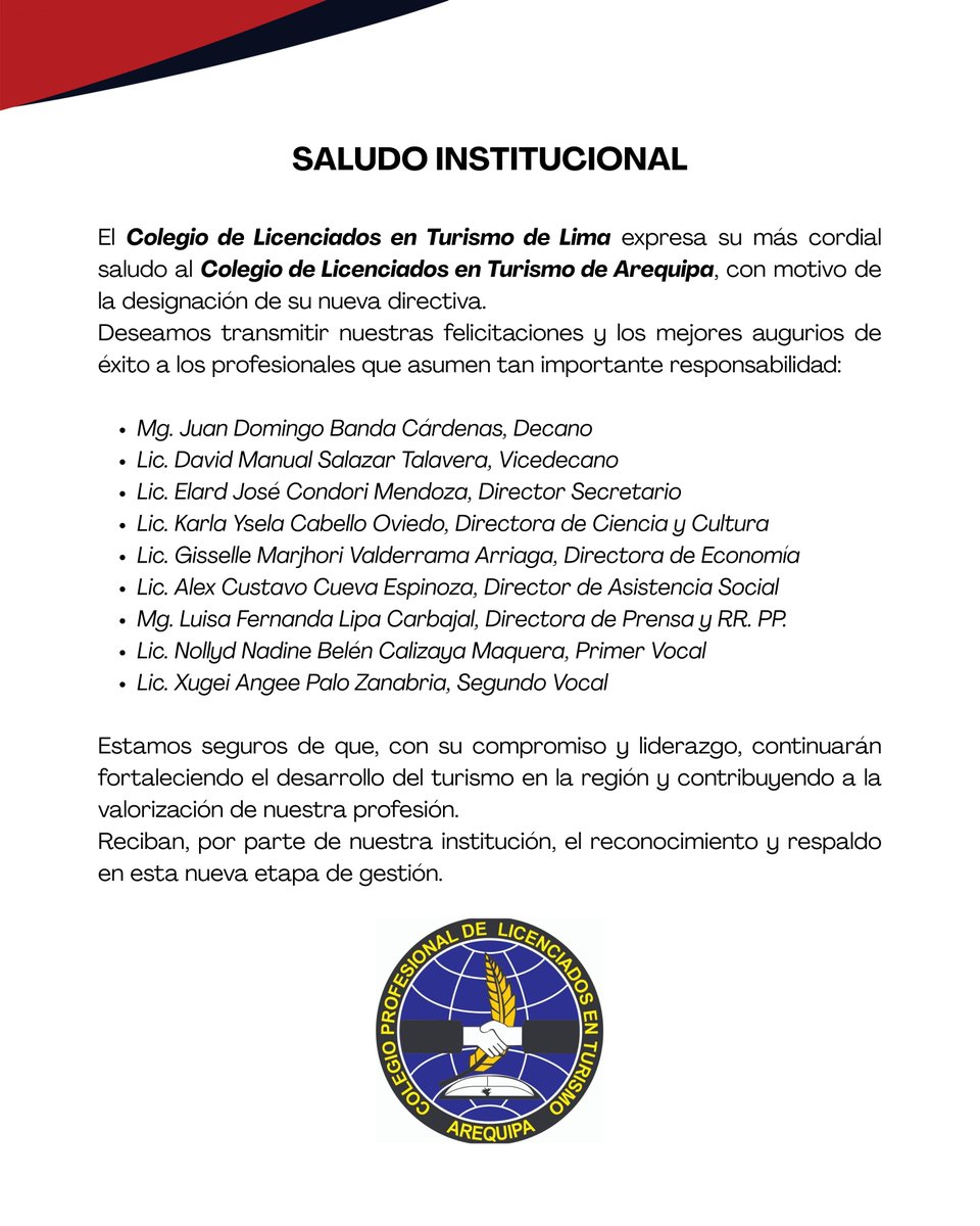 ColiturLima's tweet photo. 🎉 ¡Felicitaciones, Colitur Arequipa! 🗻

Desde el Colitur Lima, saludamos fraternalmente a nuestros colegas de Colitur Arequipa por la reelección del Mg. Juan Domingo Banda Cárdenas como Decano para el período 2025-2027, junto con toda su Junta Directiva.

#ColiturArequipa https://t.co/7t2QgMwEAp