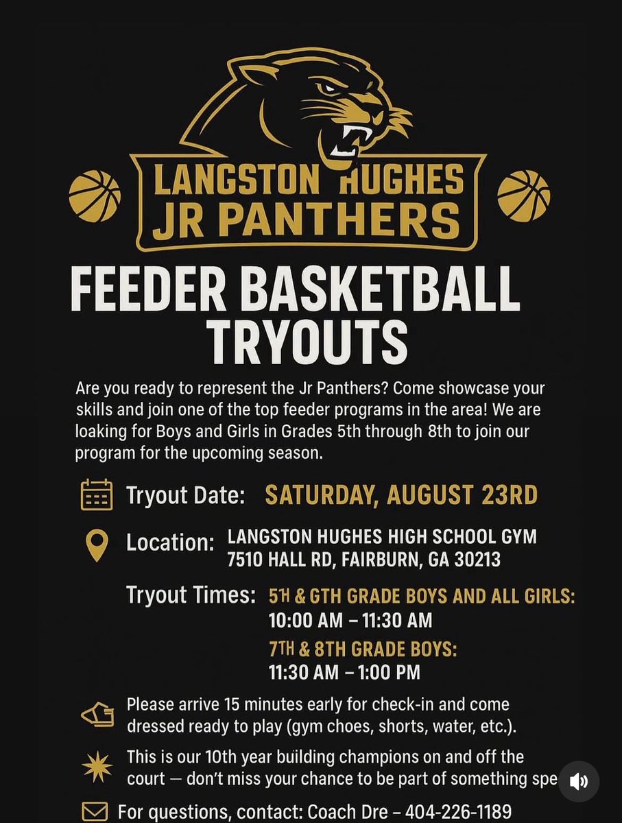 Langston Hughes HS Boys Basketball (@lhhs_mbb) on Twitter photo Langston Hughes Jr. Panther feeder program tryouts this Saturday August 23rd.
Open to 5th-8th grade girls and boys
See you there!
<a href="/LHughesNews/">Langston Hughes High School</a> <a href="/LHughesSports/">LHHS Athletic Department</a> Langston Hughes Jr. Panther feeder program tryouts this Saturday August 23rd.
Open to 5th-8th grade girls and boys
See you there!
<a href="/LHughesNews/">Langston Hughes High School</a> <a href="/LHughesSports/">LHHS Athletic Department</a>