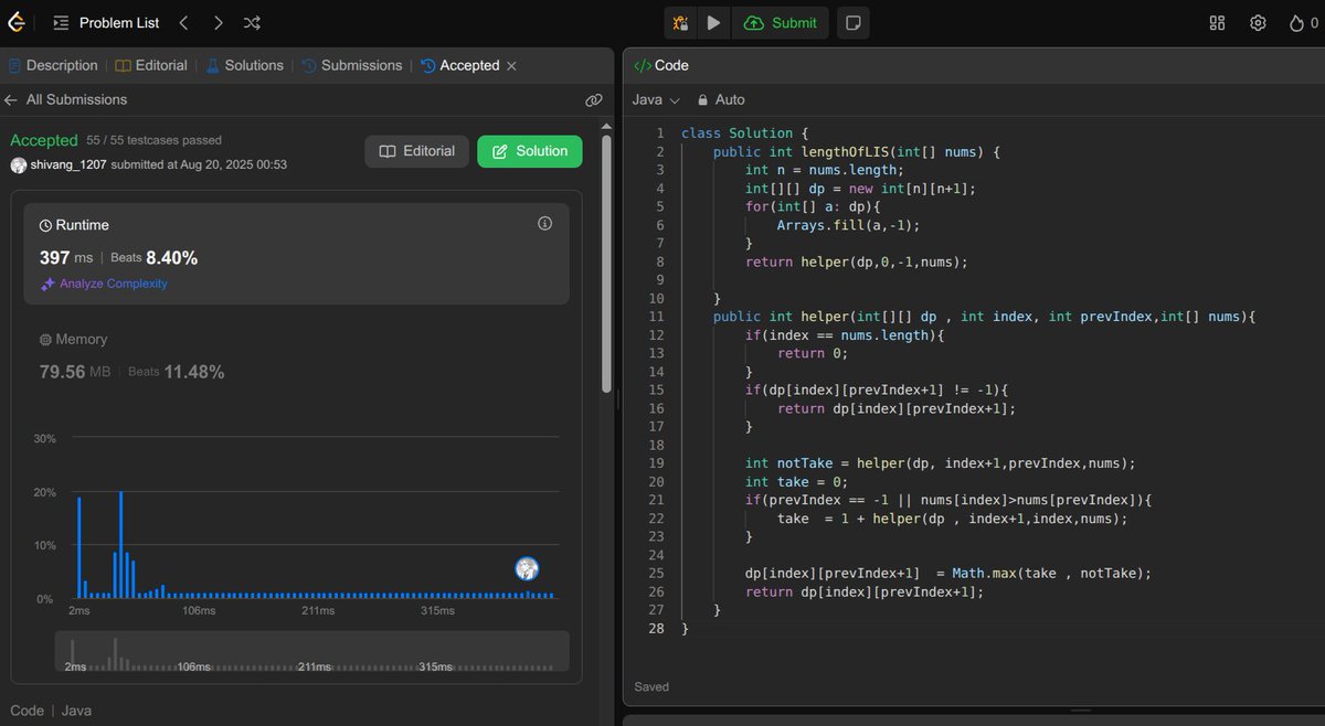 Shivang141204's tweet image. 📅20 August 2025
✅ Solved:
🔹 Longest Increasing Subsequence using Memoization, Tabulation & Space Optimization
🔹 Print Longest Increasing Subsequence
💻 Revised Generics and Built a Custom ArrayList in Java
#100DaysOfCode #DynamicProgramming #Java #DSA #CodingJourney #LeetCode