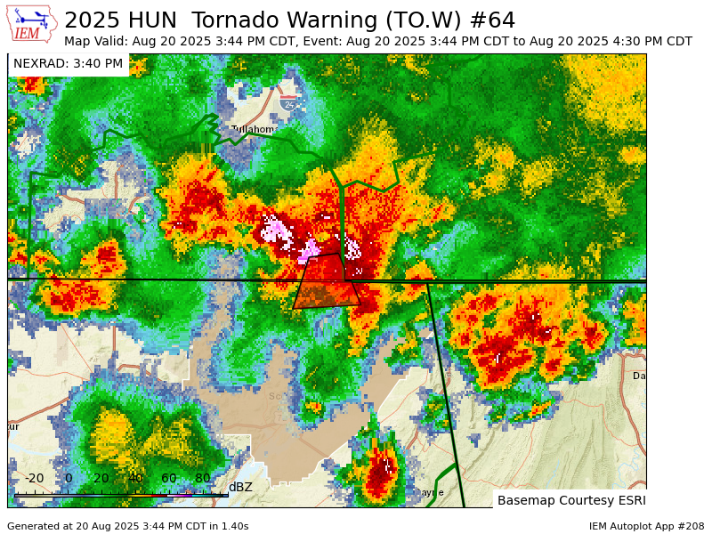 HUN issues Tornado Warning [tornado: RADAR INDICATED, hail: &lt;.75 IN] for Jackson [AL] and Franklin [TN] till 4:30 PM CDT mesonet.agron.iastate.edu/vtec/f/2025-O-…