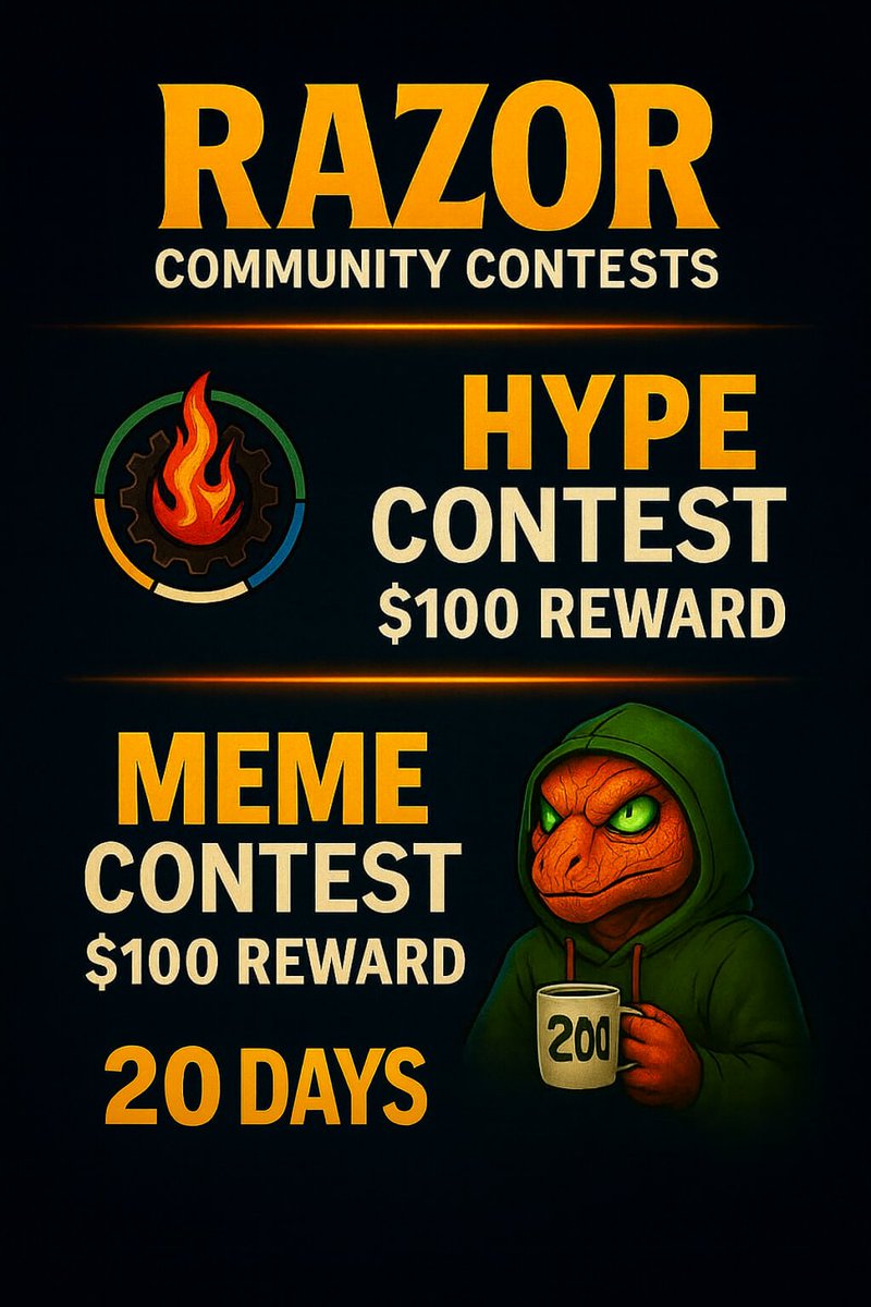 MeanaRaptor's tweet image. 🦖⚔️ RAZOR’S 2ND CAMPAIGN IS LIVE! ⚔️🦖

🔥 20 Days → 2 Arenas → $200 in Rewards 🔥

⚡ Hype Contest → $100
🎨 Meme Contest → $100
⚠️ Rules:

Must join Discord + Telegram + Twitter/X
Retweet the giveaway post
Meme battle entry = Ember Lv.5+
Razor only rewards if 25+ warriors…