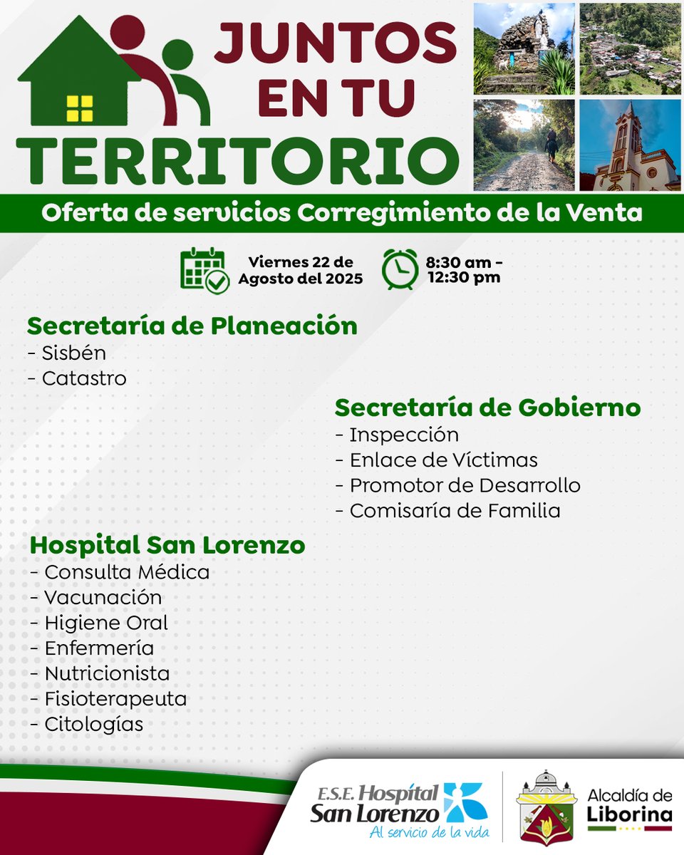 ¡Seguimos llegando a cada rincón de Liborina! 
Este viernes 22 de agosto llevamos nuestra estrategia “Juntos en tu Territorio” al corregimiento de La Venta, acercando los servicios de nuestras secretarías y del Hospital San Lorenzo a la comunidad.