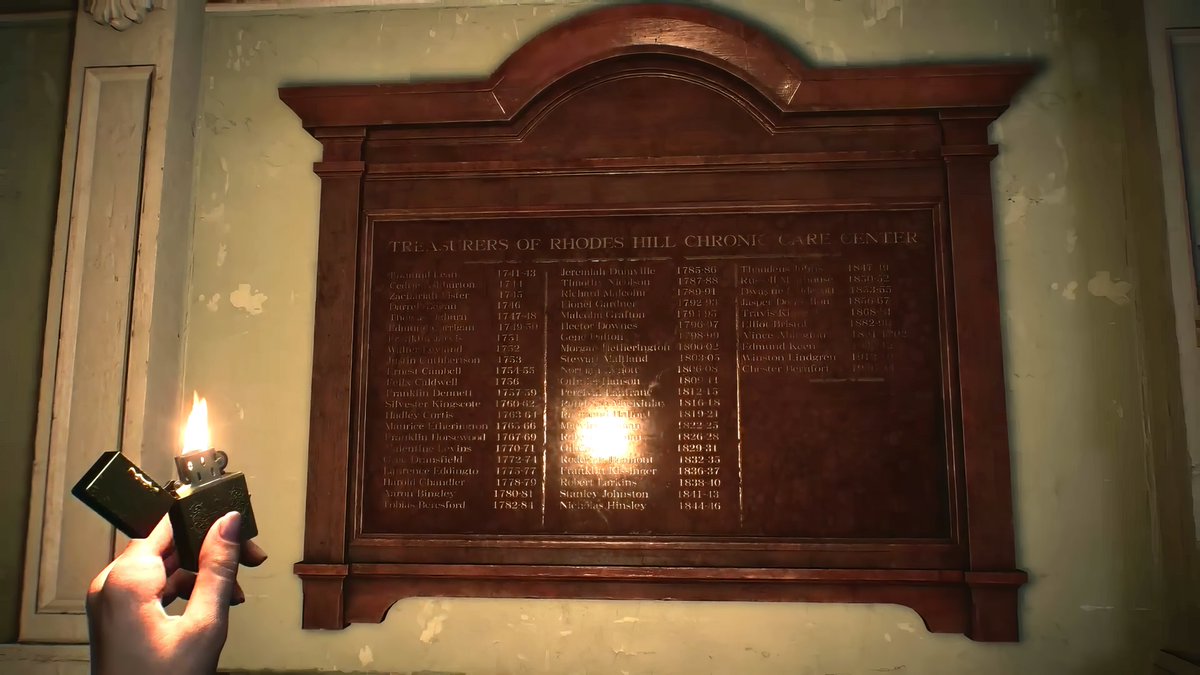 I found this list of people on the wall of the Rhodes Hill Chronic Care Center, the place that the #ResidentEvil9 demo is set.  I was hoping so much to find a Resident Evil connection here, like a Spencer or a Trevor was once a Treasurer there, no dice