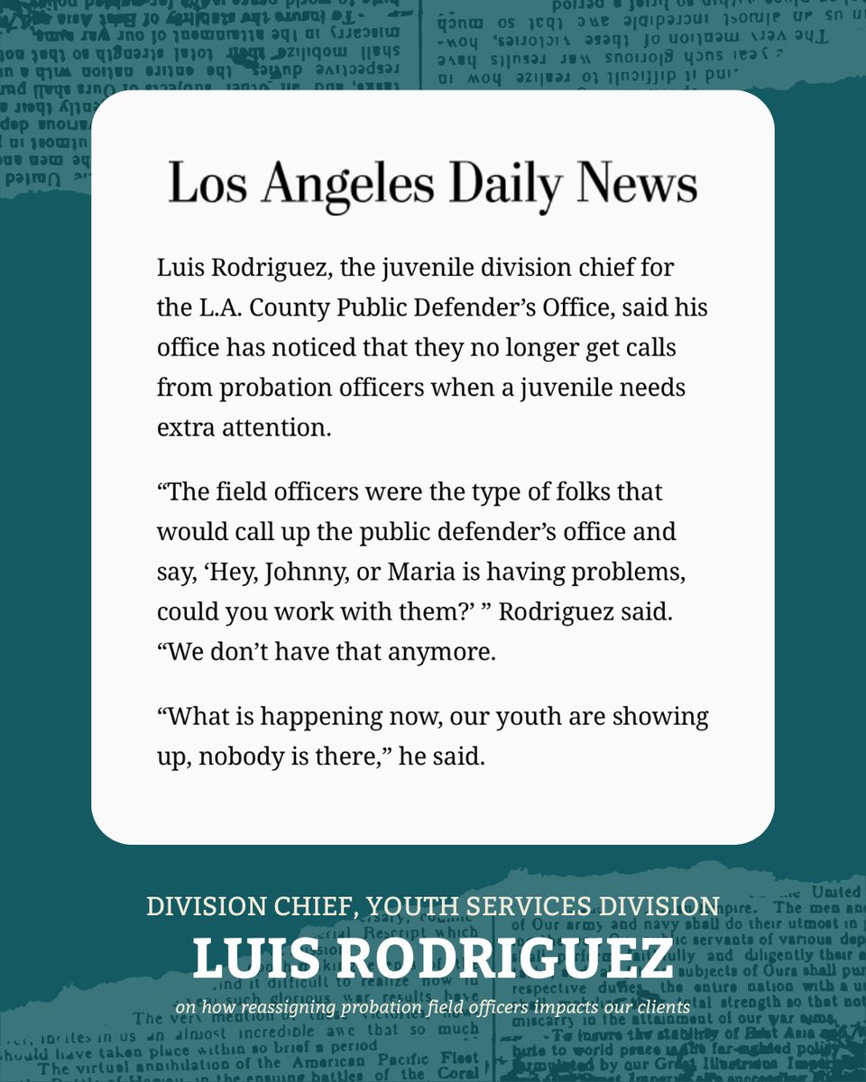 LA County Public Defender's Office (@lapubdef) on Twitter photo Youth Services Division Chief Luis Rodriguez spoke up at the last @lacountypoc meeting about how the probation department's lack of staffing is impacting support for our clients, including those showing up to fulfill their assigned community service. <a href="/ladailynews/">L.A. Daily News</a> link in bio 🔗 Youth Services Division Chief Luis Rodriguez spoke up at the last @lacountypoc meeting about how the probation department's lack of staffing is impacting support for our clients, including those showing up to fulfill their assigned community service. <a href="/ladailynews/">L.A. Daily News</a> link in bio 🔗