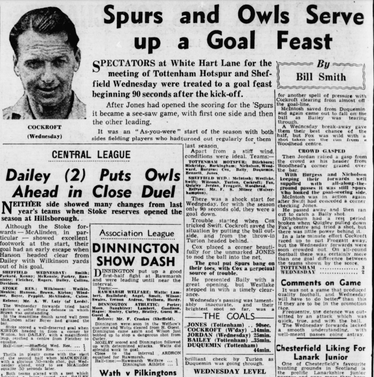 Dunsbyowl's tweet photo. #onthisday in 1948 Wednesday went down 3-2 to @SpursOfficial in the opening league match of the 1948-49 Division 2 season in front of Tottenham  51,265   #swgc goals Joe Cockroft &amp; Clarrie Jordan https://t.co/ImxIhVn3li