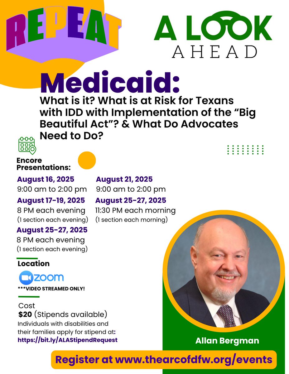 ICYMI: The Arc of DFW Area is offering this webinar several more times (8/21, 8/25, 8/26, and 8/27): "Medicaid: What is it? What is at Risk for Texans with IDD with Implementation of the "Big Beautiful Act"? &amp; What Do Advocates Need to Do?" Register: ow.ly/gctI50WJb1v