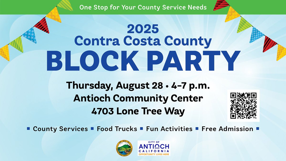 City of Walnut Creek (@walnutcreekgov) on Twitter photo Join us for Contra Costa County’s 7th Annual Summer Festival! 🎉
📅 Date: Thursday, August 28
🕓 Time: 4:00 PM – 7:00 PM
📍 Location: Antioch Community Center, 4703 Lone Tree Way
🔗 Details: bit.ly/3ywI1va
Hosted by <a href="/CCCounty/">Contra Costa County</a> Join us for Contra Costa County’s 7th Annual Summer Festival! 🎉
📅 Date: Thursday, August 28
🕓 Time: 4:00 PM – 7:00 PM
📍 Location: Antioch Community Center, 4703 Lone Tree Way
🔗 Details: bit.ly/3ywI1va
Hosted by <a href="/CCCounty/">Contra Costa County</a>